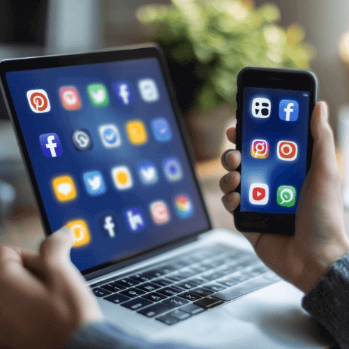 mídias-Sociais Painel de controle com ícones das principais plataformas de mídias sociais (Instagram, Facebook, LinkedIn, TikTok) e gráficos de desempenho