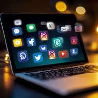 redes-sociais-em-cuiabá Ícones das principais redes sociais (Facebook, Instagram, LinkedIn, Twitter, TikTok) em um dashboard de gestão